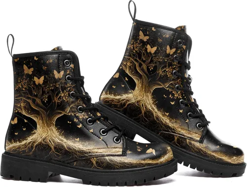 Miniatura 3 de Botas de Combate Florales de Setas para Mujer - Botas Góticas de Bosque Witchcore Tacón Grueso Cuero Vegano Moda con Cordones Botines Negros