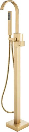 Miniatura 15 de Grifo de bañera independiente de níquel cepillado, llenador de bañera, montaje en suelo, mango único, grifo de latón con ducha de mano y boquilla