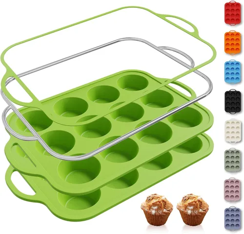 Miniatura 10 de 2 paquetes de 12 tazas de molde para magdalenas de silicona para hornear con marco reforzado de metal, molde para cupcakes de tamaño regular, Crema
