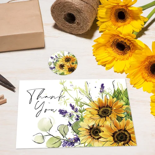 Miniatura 5 de Whaline Paquete de 24 tarjetas de agradecimiento de girasol, tarjetas de felicitación florales de acuarela a granel con adhesivo sobre para notas