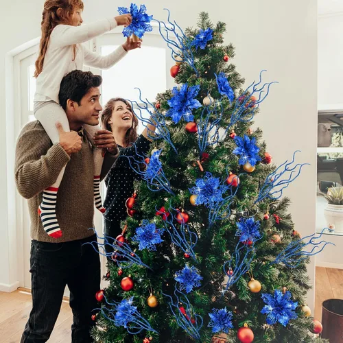 Miniatura 6 de Yinder Juego de 48 flores de Pascua artificiales con purpurina para el día de San Valentín con ramitas, decoración de árbol de Navidad, para corona