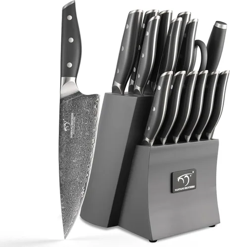 Miniatura 10 de NF NANFANG BROTHERS Juego de Cuchillos de Cocina de Damasco, 15 Piezas con Bloque, Mango Ergonómico ABS, Tenedor de Trinchar, Juego de Bloque