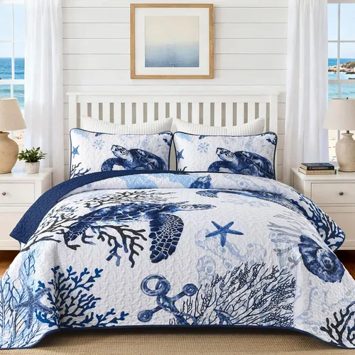 Miniatura 20 de DJY Beach Quilt Set Queen Size,3 Piece Coastal Ocean Summer Bedspread Coverlet Set with 2 Pillow Cases Lightweight Soft Microfiber Nautical Bedding
