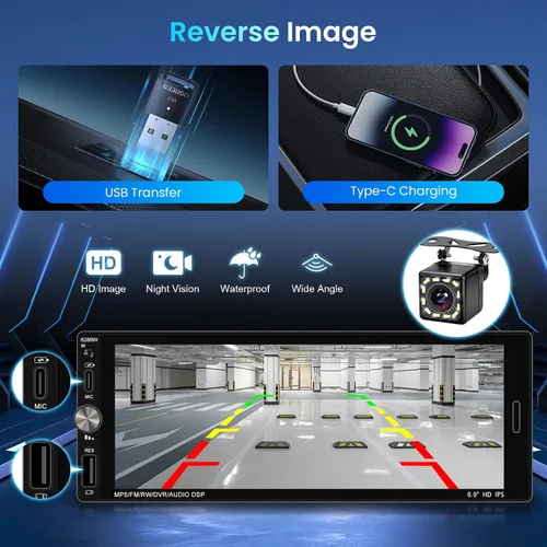 Miniatura 6 de Estéreo de coche de un solo DIN con CarPlay inalámbrico Android Auto Mirror Link, radio de coche, unidad auricular manos libres Bluetooth de 6.9