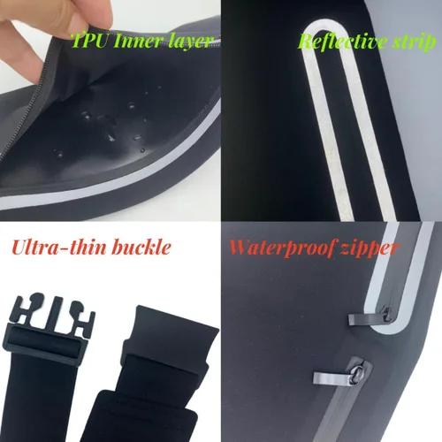Miniatura 6 de Cangurera delgada con 3 bolsillos separados para mujeres y hombres, riñonera reflectante para correr, correr, caminar, ciclismo, campamento, Negro