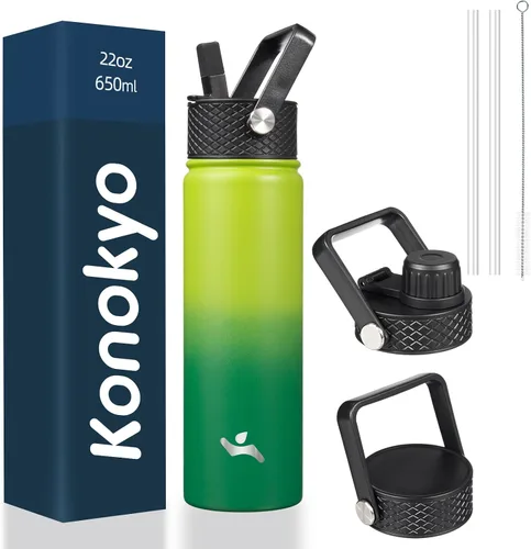 Miniatura 135 de Konokyo - Botella de agua aislada de 18 onzas, botellas deportivas de acero inoxidable con 3 tapas, verde militar