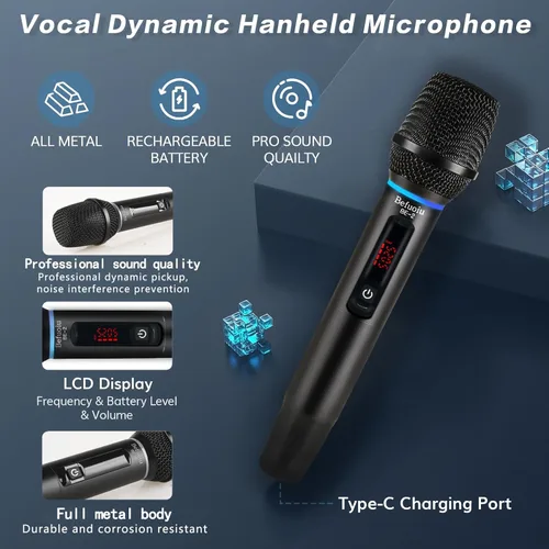 Miniatura 3 de Micrófono inalámbrico recargable UHF para cantar con bolso, micrófono dinámico de mano de metal con receptor, micrófono de karaoke inalámbrico