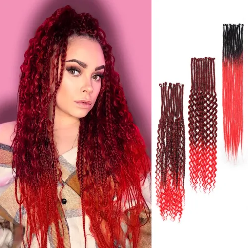 Miniatura 7 de Extensiones de rastas trenzadas bohemias de 24 pulgadas, 10 hebras de rastas sintéticas rizadas color marrón degradado con trenza de caja, rastas