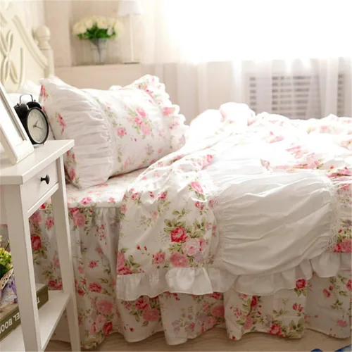 Miniatura 21 de FADFAY Juego de ropa de cama floral estilo campestre francés con estampado de pájaros azules, colección de faldas de cama, 800 hilos por pulgada