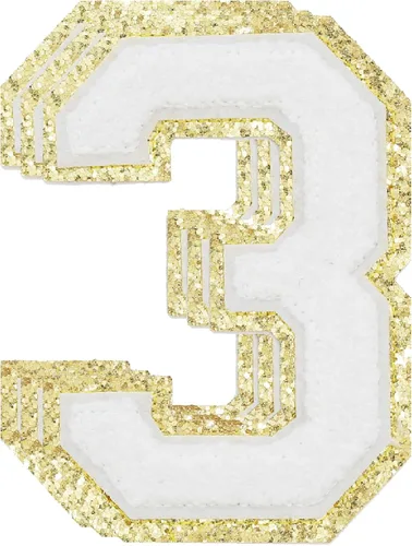 Miniatura 185 de 3 parches de números de chenilla negra, tamaño grande de 4-1/2" parches de números para planchar, parches universitarios para ropa, 8" Borde oro rosa