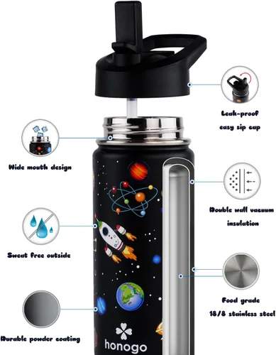 Miniatura 3 de Botella de agua para niños con aislamiento de acero inoxidable de 16 onzas, a prueba de fugas, termo de metal con tapa con pajilla, bonito vaso