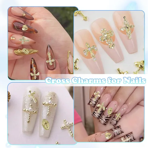 Miniatura 6 de 110 dijes de uñas de cruz dorada, dijes de gemas de uñas de cruces doradas, 11 estilos Y2K de aleación de cruz dorada brillante para suministros