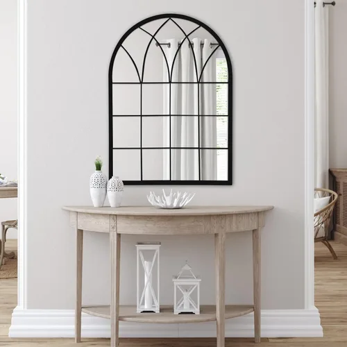 Miniatura 2 de Espejo de pared de ventana arqueada, espejos de marco de metal de 35 pulgadas con patrón de rejilla, acabado antiguo negro, espejo decorativo
