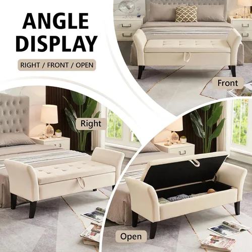 Miniatura 6 de NIOIIKIT Banco otomano tapizado de terciopelo de 51.5 pies con parte superior abatible, banco largo para dormitorio o sala de estar (beige)
