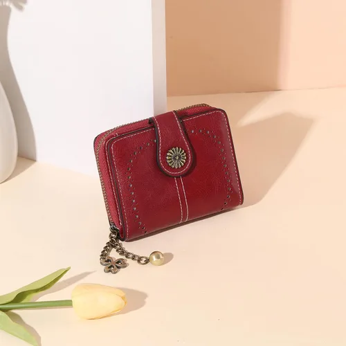 Miniatura 7 de Cartera pequeña para mujer, de piel, plegable, compacta, con bloqueo RFID, con bolsillo con cremallera para monedas, A01 Rojo Vino, Classic