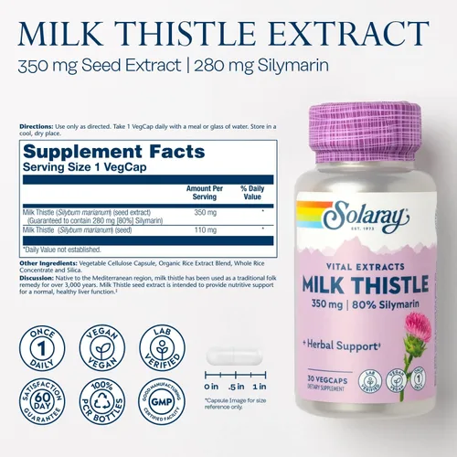 Miniatura 2 de SOLARAY Extracto de semilla de cardo mariano de 350 mg garantizado para contener 80% de silimarina, soporte hepático tradicional, vegano