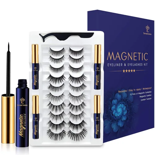 Pestañas magnéticas con kit de delineador de ojos, pestañas magnéticas de aspecto natural, mejoradas de larga duración, 10 pares de pestañas
