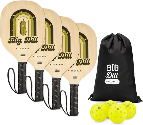 Big Dill Pickleball Juego de 4 raquetas de madera y bolas de pepinillo - Kit de pickleball para principiantes con bolas y bolsa de transporte para