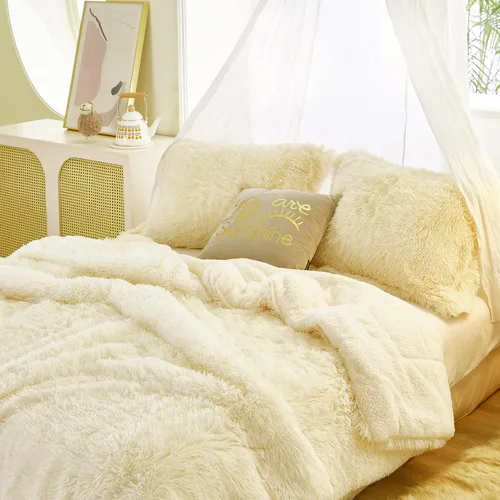 Miniatura 2 de Juego de edredón de lujo de pelo sintético lanudo tamaño matrimonial/queen, edredón reversible de felpa y sherpa, color beige, juego de ropa de cama