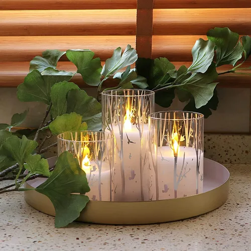 Miniatura 5 de Rhytsing Velas LED de vidrio con diseño de abedul a pilas con temporizador, velas de pilar sin llama para decoración de primavera y verano
