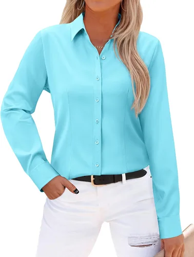 Miniatura 9 de Gleeivy - Camisas abotonadas para mujer, sin arrugas, de manga larga, camisas de vestir casuales con cuello V, ajustadas, de un solo