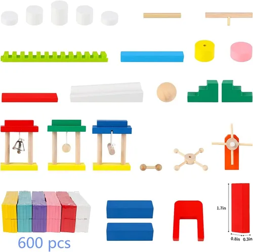 Miniatura 5 de Juego de 600 piezas de dominó para niños, bloques de construcción de dominó de madera, 6 colores a granel juegos de fichas de dominó con 26 bloques