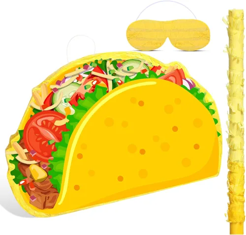 Piñata de taco - Piñata mexicana para fiesta, incluye palo de murciélago con los ojos vendados para cumpleaños, decoración de Cinco de Mayo para