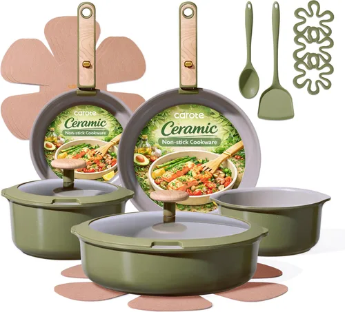 CAROTE Juego de utensilios de cocina de cerámica de 18 piezas, mango desmontable, juego de ollas y sartenes no tóxicas antiadherentes, utensilios de