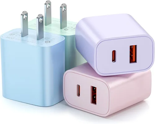 Bloque de carga USB C, [paquete de 4] doble puerto tipo C bloque de carga rápida 20W adaptador de corriente USB-C y QC 3.0 puerto USB A tipo C