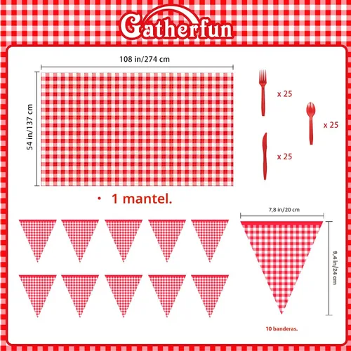Miniatura 2 de Gatherfun suministros para fiesta con cuadros rojos y blancos, platos, servilletas, vasos, cuchillos, cucharas, tenedores, mantel y pancarta