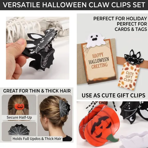 Miniatura 4 de Pinzas para el cabello de Halloween para mujeres y niñas, lindos murciélagos de telaraña, pinzas para el cabello, agarre fuerte, antideslizante