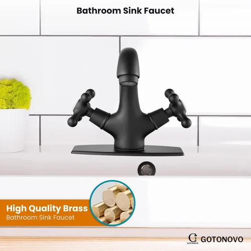 Miniatura 2 de gotonovo Grifo de lavabo de baño de un solo agujero, doble mango cruzado, pomos mezcladores para lavabo con drenaje desplegable y placa de cubierta