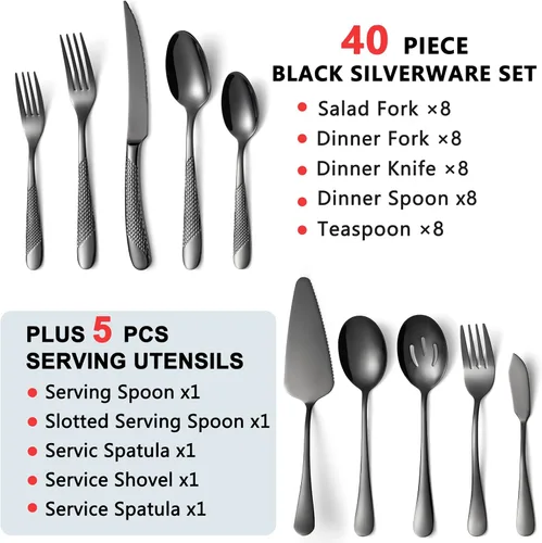 Miniatura 3 de Juego de cubiertos de acero inoxidable de 45 piezas para 8 personas con utensilios para servir, incluye tenedor, cuchillo, cuchara, cubiertos