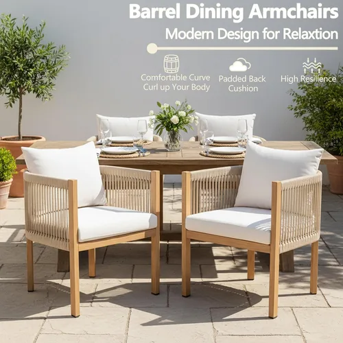 Miniatura 3 de Juego de 2 sillas de comedor al aire libre, juego de muebles de patio de mimbre con reposabrazos, respaldo acolchado, sillas de comedor de barril