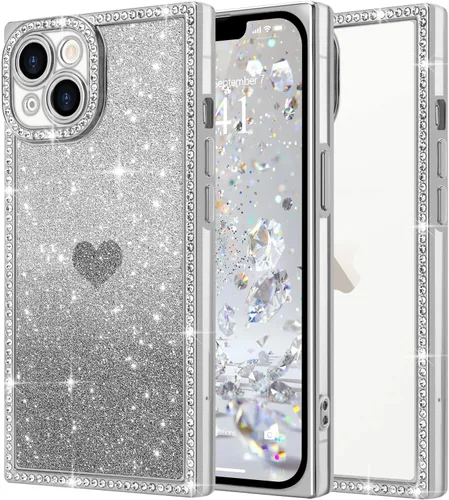Miniatura 20 de Funda para iPhone 13, funda de diamantes de imitación de lujo con patrón de corazón de amor de cristal [papel con purpurina extraíble], parachoques