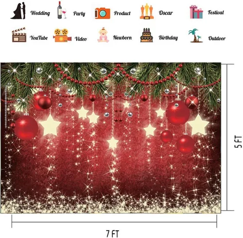 Miniatura 5 de CHAIYA Telón de fondo de Navidad de 7 x 5 pies, bola roja, decoraciones de fiesta de Navidad para la familia, vacaciones, Año Nuevo, telón de fondo