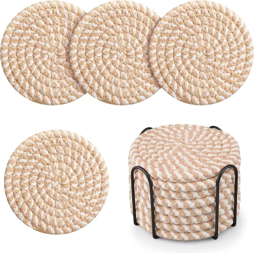 Miniatura 6 de Posavasos tejidos de algodón con soporte, juego de 8 posavasos absorbentes para protección de mesa, decoración del hogar, gafas, tazas, bar, regalo