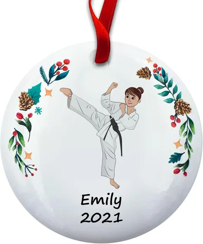 Adorno personalizado de árbol de Navidad de chica morena de karate, adorno de judo
