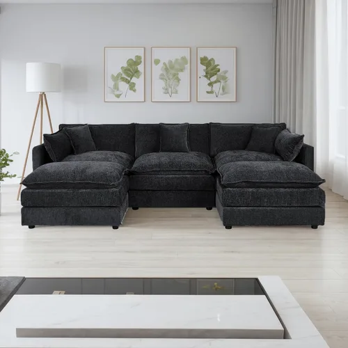 Miniatura 14 de Setawix Sofá Profundo de 3 Plazas con Otomana, Sofás de Nube en Forma de L de 112.2" para Sala de Estar, Sofá de Nube de Chenilla con Asiento Café