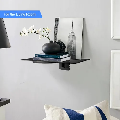 Miniatura 6 de suptek Estante flotante de vidrio, estante multimedia de 1 nivel para accesorios de TV, soporte de montaje en pared negro plano, capacidad
