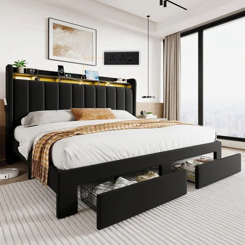 Miniatura 18 de SHA CERLIN Base de cama de plataforma de tamaño matrimonial con cabecera de canal vertical copetuda y 2 cajones de almacenamiento, estantes de 2
