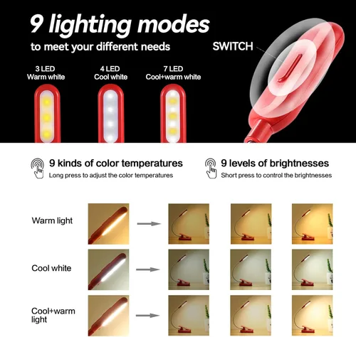 Miniatura 3 de VAVOFO - Luz de lectura recargable para leer en la cama para niños, 7 LED con luz de 9 niveles de blanco cálido y luz diurna, lámpara de cuidado