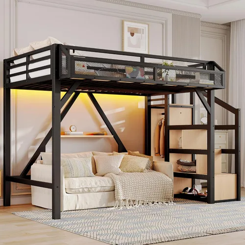 SOFTSEA Cama alta individual XL con escaleras y almacenamiento, marco de cama de metal con puertos USB y luces LED, cama alta resistente con armario