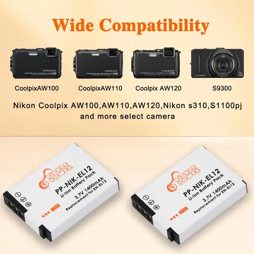 Miniatura 2 de Batería EN-EL12 y cargador LED compatible con Nikon Coolpix A1000 B600 W300 A900 AW100 AW110 AW120 AW130 S6300 S8100 S8200 S9050 S9200 S9300 S9400