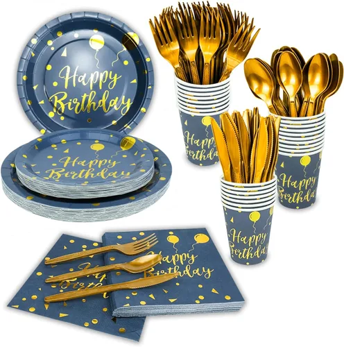 Juego de vajilla desechable dorada de 175 piezas y vajilla desechable para fiesta de cumpleaños, platos de papel, servilletas, vasos, tenedores de