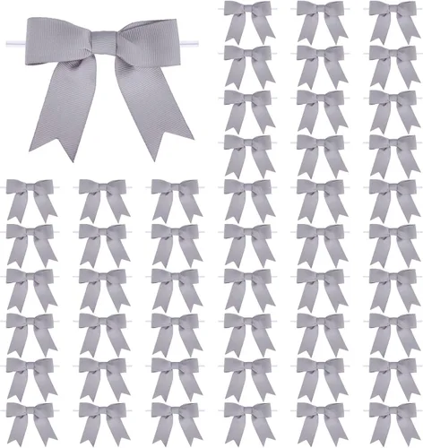 Meseey 50 lazos de grogrén de 3 pulgadas, color gris plateado, preatados, para bolsas de golosinas, cesta de envoltura de regalo, boda, baby shower,