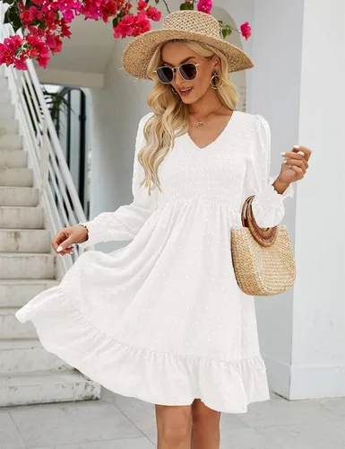 Miniatura 5 de Shermia Vestido de manga larga con cuello en V para mujer, vestidos fruncidos de gasa, mini vestido babydoll con bolsillos