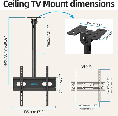 Miniatura 7 de USX STAR Soporte de techo para TV para televisores de 26-65 pulgadas, soporte de techo para TV con movimiento completo giratorio 360°, altura