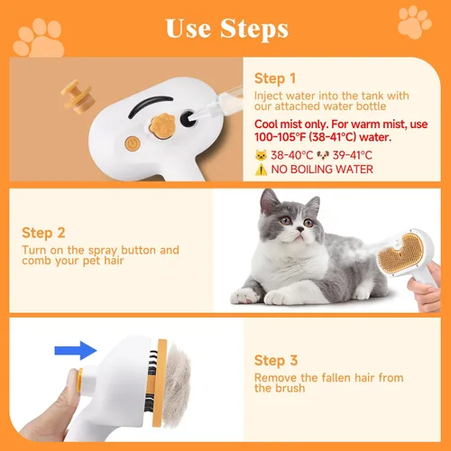 Miniatura 6 de Juego de cepillos de vapor para mascotas 3 en 1 para perros y gatos, peine de aseo con aerosol, herramienta de desfurado, depilación asistida por