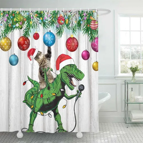 Divertida cortina de ducha de Navidad, bonito dinosaurio en sombrero de Papá Noel cantando Feliz Navidad para niños, niños y niñas, decoración de